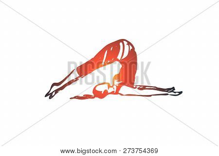 Tip Over, Yoga, Pose, Asana, Balance Concept. Hand Drawn Woman Doing Asana Tip Over Concept Sketch. 