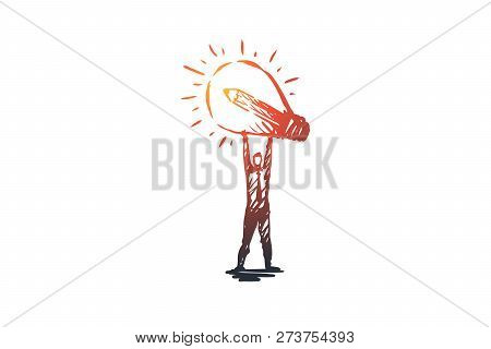 Idea, Creative, Lamp, Business, Innovation Concept. Hand Drawn Man With Lightning Bulb In Hands Conc