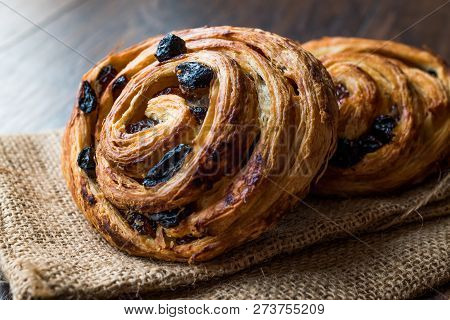 Danish Spiral Cinnamon Raisin Roll / German Pastry Schnecken On Sack.