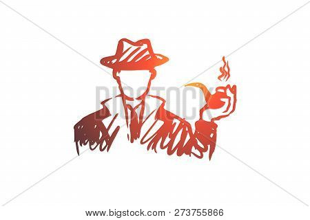 Investigate, Magnifier, Search, Man, Detective Concept. Hand Drawn Detective Man With Tobacco Pipe C