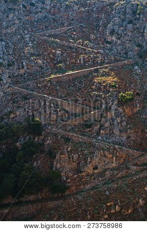 Downward Zig Zag Path To Aradena Gorge, Island Of Crete, Greece