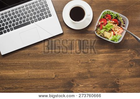 Healthy Business Lunch In Office, Salad, Coffee On Wooden Table. Top View With Copy Space. Concept H