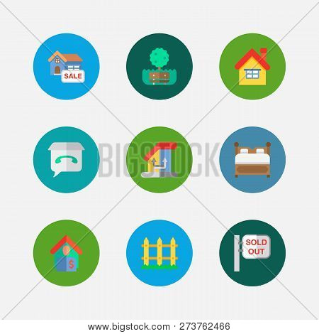 Property Icons Set. Home And Property Icons With Sold Out, Change Of Housing And Bed. Set Of Plank F