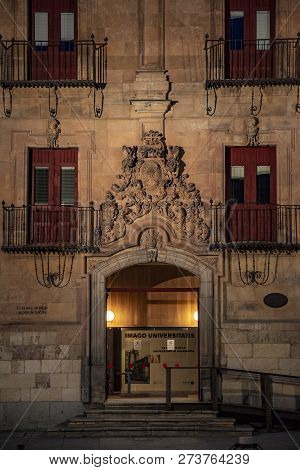 Night View Of The Entrance Of The Hospederia Colegio Arzobispo Fonseca In Salamanca