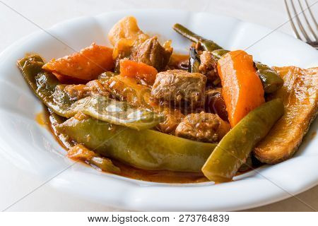 Turkish Food Turlu Mixed Vegetables With Cubed Meat. Traditional Food.