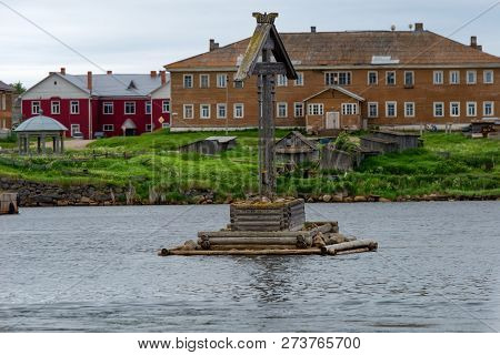 Worship And Navigation Cross In The Solovki Bay. Solovki Islands, Arkhangelsk Region, White Sea