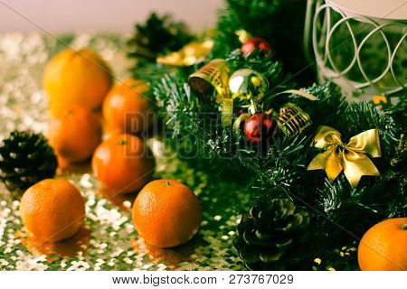 Christmas Tree And Decorations On Wooden Background. Place For Copy Space.