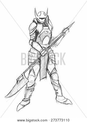 Black And White Rough Grunge Pencil Sketch Of Evil Warrior Knight. Concept Art Drawing.
