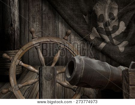 Pirates ship deck with old jolly roger flag 3d illustration