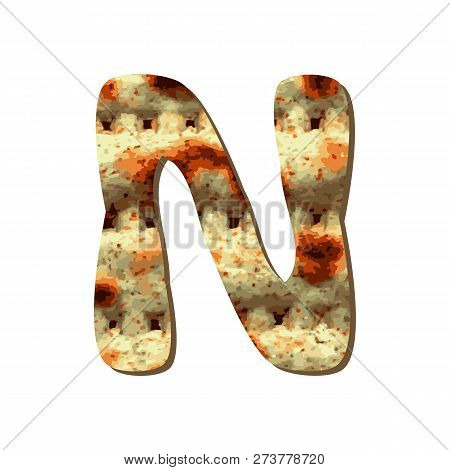 Rounded Capital English Letter N With Matza Texture. Font For Passover. Vector Illustration On Isola