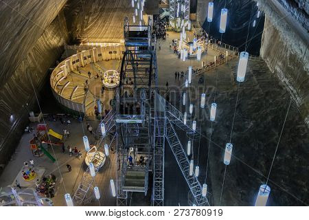 Turda, Romania - July 28, 2018: Tourists Enjoying The Underground Amusement Park In The Salt Mine Of