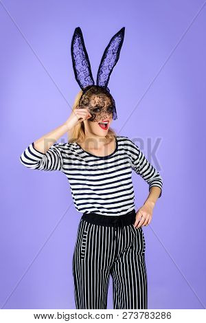 Girl With Black Rabbit Ears. Sexy Fashion Blonde Woman In Bunny Costume, Bunny Ears. Cute Easter Bun