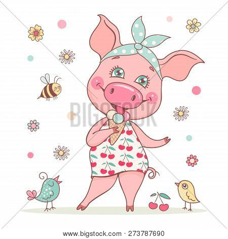 A Cute And Beautiful Pig Girl Is Wearing A Bandana And A Dress With A Cherry Print