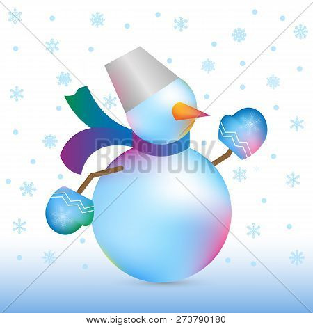 Christmas Snowman On White Blue Background With Snowfall. Winter New Year Holiday Snowman. Cheerful 