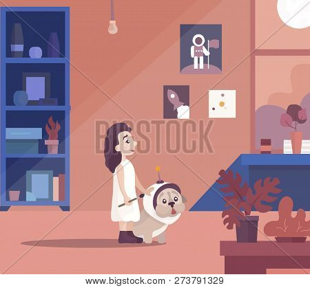 Beautiful Vector Illustration. Little Girl Drawing And Dreaming About Cosmos Petting A Dog In The Sp