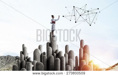 Young Female Doctor With Folder In Hands Satnding On Stone Column. 3d Rendering