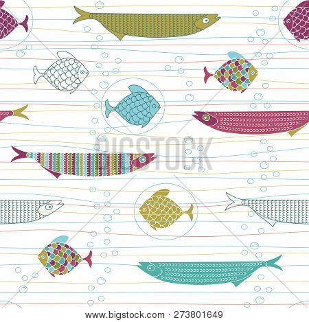 Seamless Kids Pattern With Cute Hand Drawn Fishes, Stripes And Air Bubbles. Backdrop For Fabric, Tex