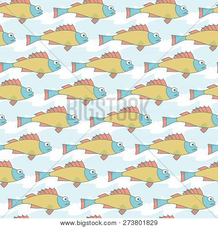 Seamless Kids Pattern With Cute Hand Drawn Fishes, Shadows. Pastel Backdrop For Fabric, Textile, App