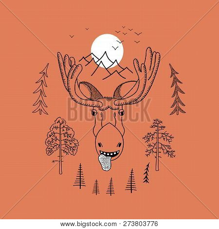 Cool Elk Face, Coniferous Trees, Mountains, Birds, Sunset. Vector Illustration For T-shirt