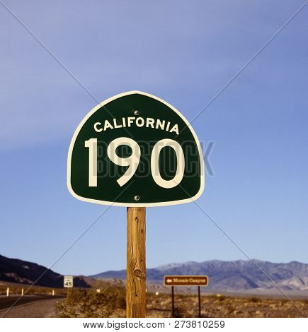 190 Highway, California Desert In Death Valley. Nevada, Us With Blue Sky And Beautiful Light