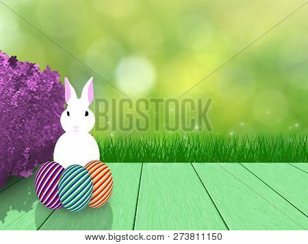 Easter Spring Background With Festive Decorations On Wood Planks.