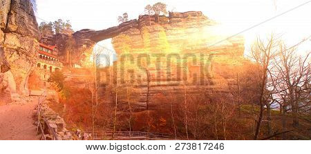 Pravcice Gate Rock Arch With Sun In Saxon Switzerland In Hrensko Village