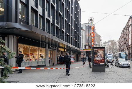 Strasbourg, France - Dec 11, 2018: Armed Police Officers Securing Acces To Rue Du Saumon Street In C