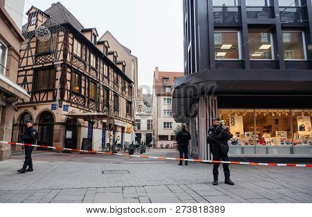 Strasbourg, France - Dec 11, 2018: Armed Police Officers Securing Rue Du Saumon In City Center After