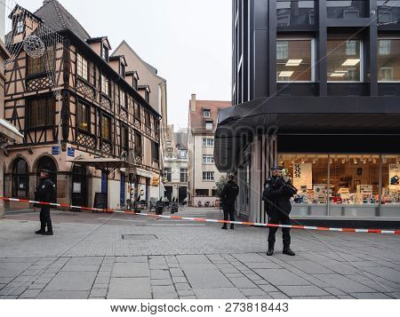 Strasbourg, France - Dec 11, 2018: Armed Police Officers Securing Rue Du Saumon In City Center After