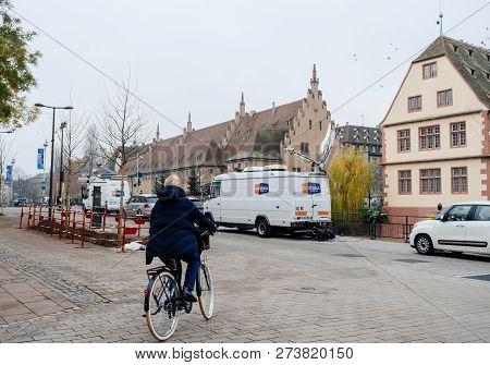 Strasbourg, France - Dec 11, 2018: Viastoria Live Transmission News Van Transmission Live From Cente