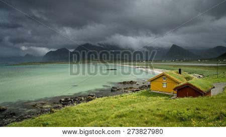 Sandbotnen Bay Near Fredvang, Lofoten Island, Norway. Norwegian Summer Holidays.