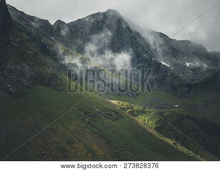 View On The Mountains Around Flakstad Village, Noregian Lofoten Islands.