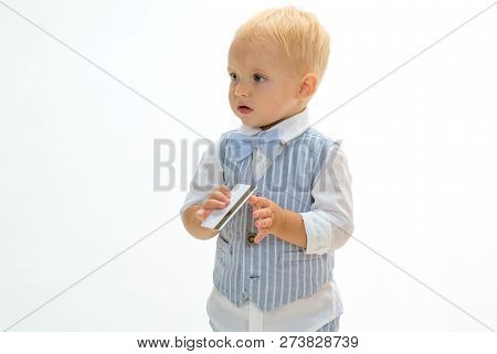 Confident And Successful. Little Cardholder. Boy Child With Credit Card. Little Boy Keep Business Ca