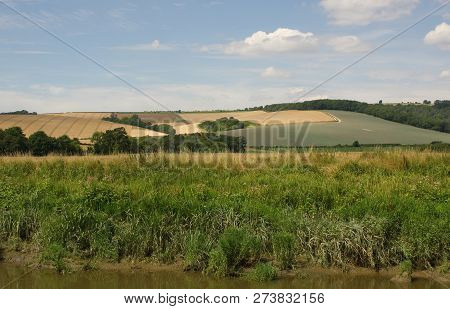 Landscape Of The South Downs At Amberley Near Arundel In West Sussex, England. With River Arun In Fo