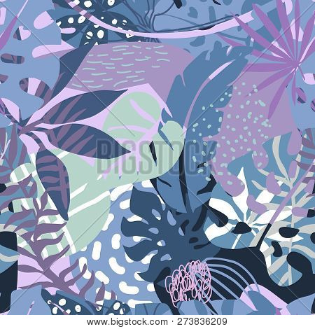 Vector Seamless Pattern With Tropical Plants And Hand Drawn Abstract Textures