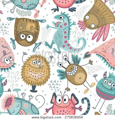 Colorful Vector Seamless Pattern With Funny Monsters