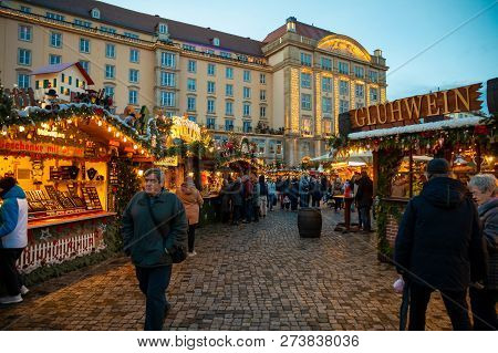Dresden, Germany - 9.12.2018: People Visit Christmas Market Striezelmarkt In Dresden, Germany. Chris