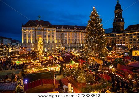 Dresden, Germany - 9.12.2018: People Visit Christmas Market Striezelmarkt In Dresden, Germany. Chris