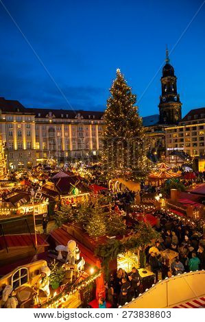 Dresden, Germany - 9.12.2018: People Visit Christmas Market Striezelmarkt In Dresden, Germany. Chris