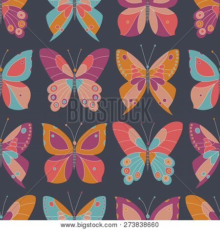 Abstract Colorful Butterflies On Dark Grey Background Vector Seamless Pattern. Beautiful Bugs. Insec