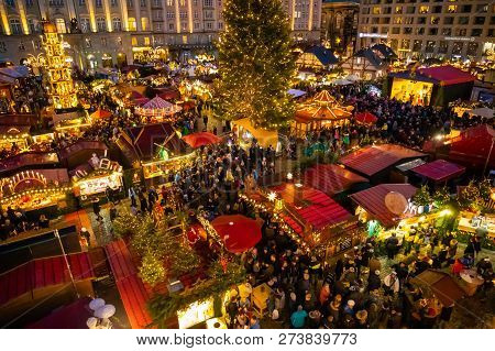 Dresden, Germany - 9.12.2018: People Visit Christmas Market Striezelmarkt In Dresden, Germany. Chris