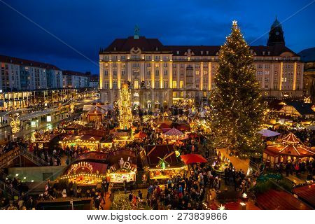 Dresden, Germany - 9.12.2018: People Visit Christmas Market Striezelmarkt In Dresden, Germany. Chris