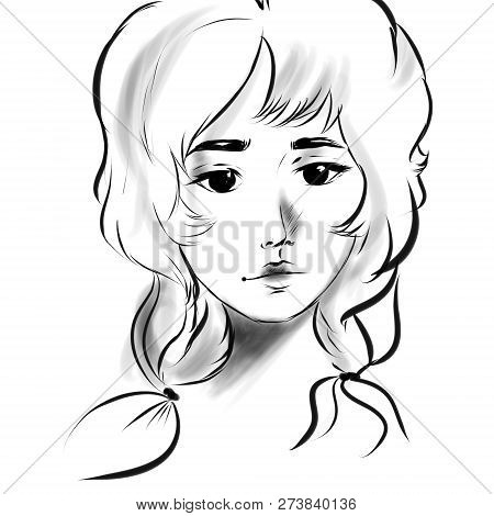 Short Hair, Unusual Appearance.  Two Long Braids.  Cute Girl Sketch