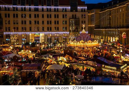 Dresden, Germany - 9.12.2018: People Visit Christmas Market Striezelmarkt In Dresden, Germany. Chris