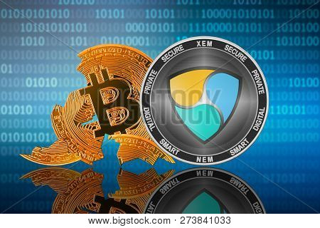 Nem (xem) Coin Stands In Front Of Cracked Coin Bitcoin On Binary Code Background; Nem Leader; Bitcoi