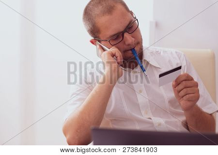 Successful Man Owner Of Business Company Talking With Operator While Making Banking Online Consultin