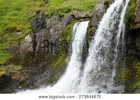 Klifbrekkufossar Falls In Summer Season View, Iceland. Icelandic Landscape.