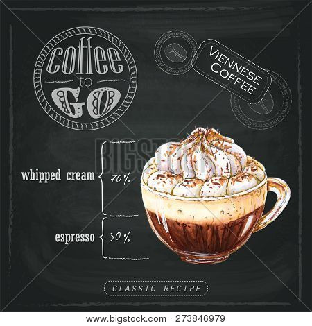 Illustration Of Viennese Coffee With Whipped Cream Sprinkled With Chocolate Chips In A Glass Cup. Pr