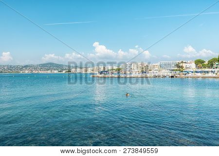 Juan-les-pins, France, September 19, 2018: Snorkeler In The Golfe Juan With In The Background The Ho