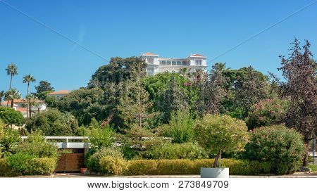 Juan-les-pins, France, September 19, 2018: Beautiful White Villa On The Hill In The Beach Resort Of 
